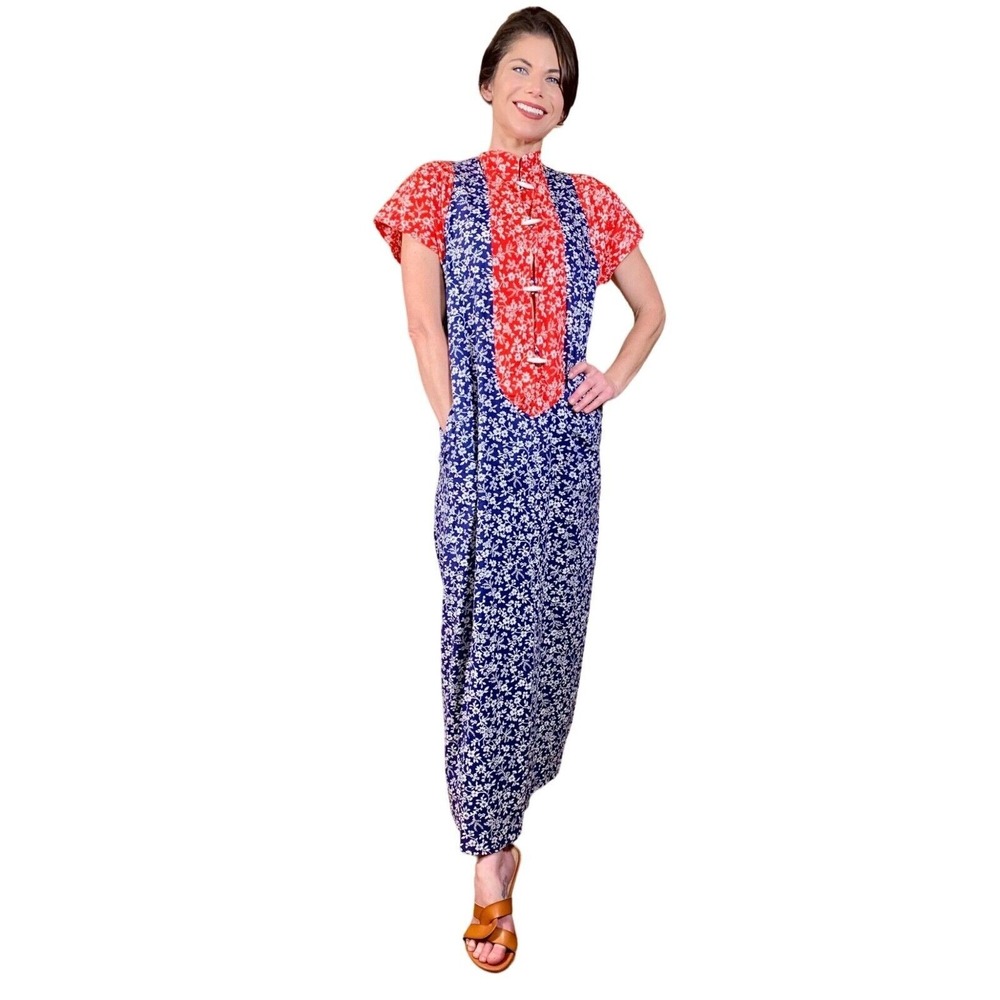 Vintage Floral Maxi Dress Mandarin Collar Toggle Blue Red Colorblock Pockets